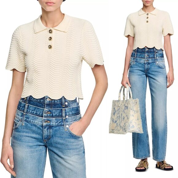 NWT Sandro Paris Campia Cropped Sweater Naturel Wavy Knit Scalop Hem Polo Style - Picture 1 of 9